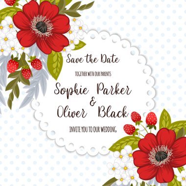 Çiçekli düğün davetiye kartı Süiti. Şablon. Vektör çizim