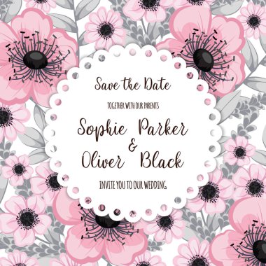 Çiçekli düğün davetiye kartı Süiti. Şablon. Vektör çizim