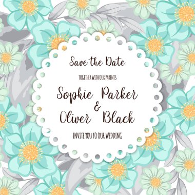 Çiçekli düğün davetiye kartı Süiti. Şablon. Vektör çizim