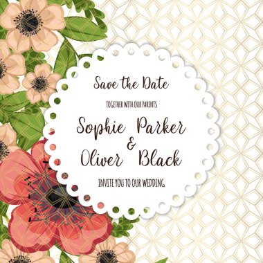 Çiçekli düğün davetiye kartı Süiti. Şablon. Vektör çizim