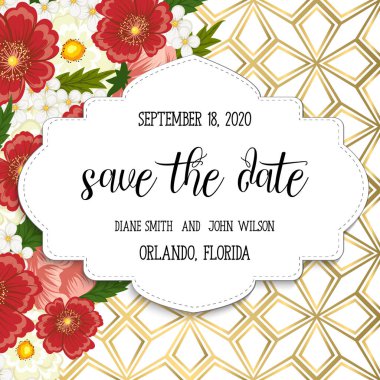 Çiçekli düğün davetiye kartı Süiti. Şablon. Vektör çizim