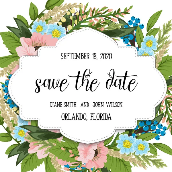 Çiçekli düğün davetiye kartı Süiti. Şablon. Vektör çizim