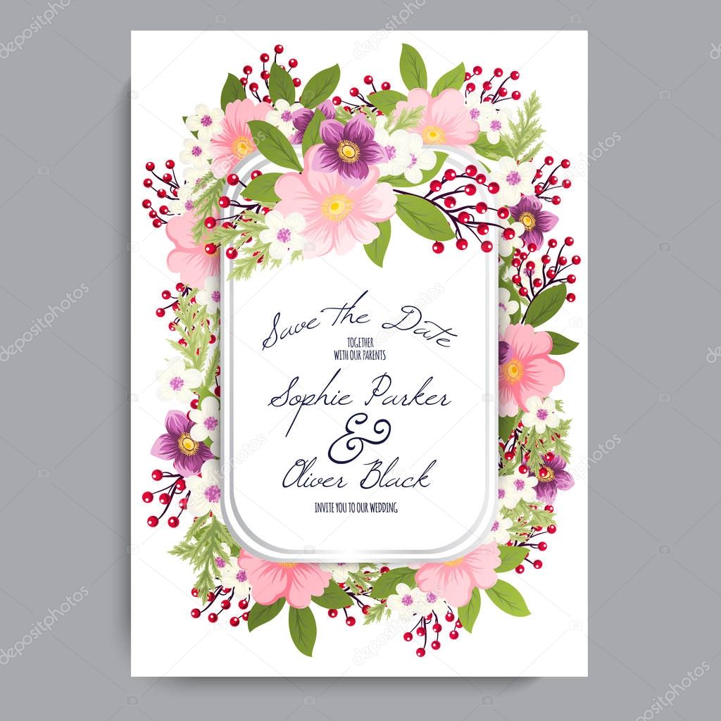 Greeting card with flowers, watercolor, can be used as invitation card for wedding, birthday and other holiday and summer background. Vector illustration. 