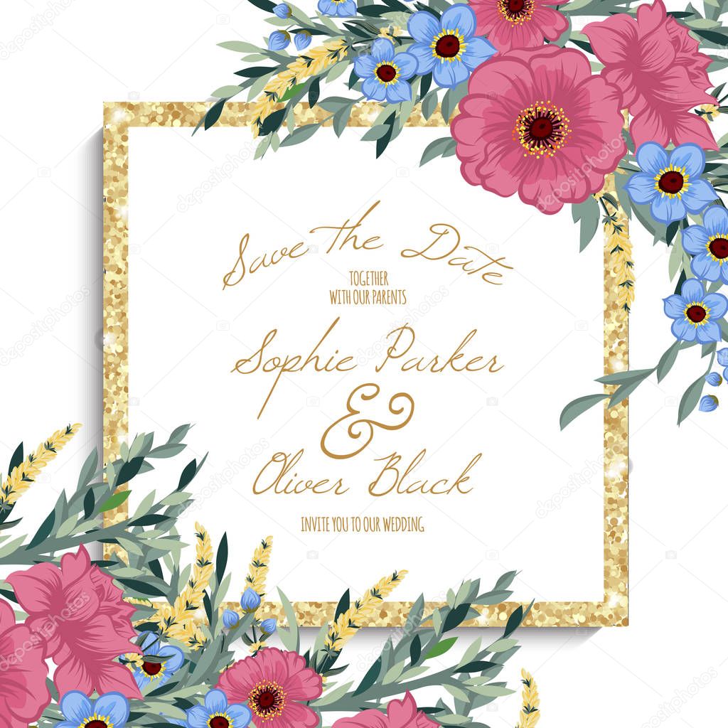 Greeting card with flowers, watercolor, can be used as invitation card for wedding, birthday and other holiday and summer background. Vector illustration.