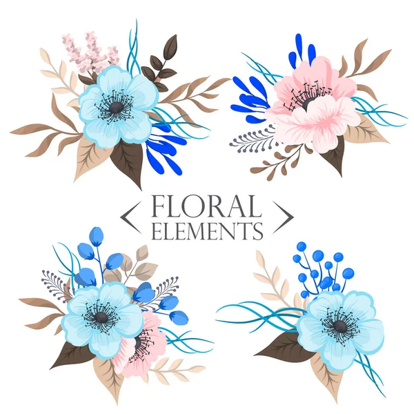 Éléments Floraux Mignons Fleurs Roses Bleu Clair — Image vectorielle