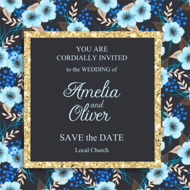 Çiçekli düğün şablonu - mavi çiçek kartı