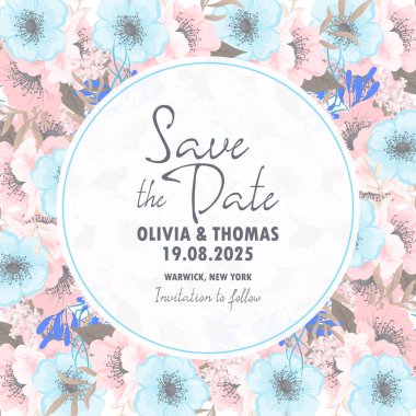 Çiçekli düğün şablonu - mavi ve pembe çiçek kartı