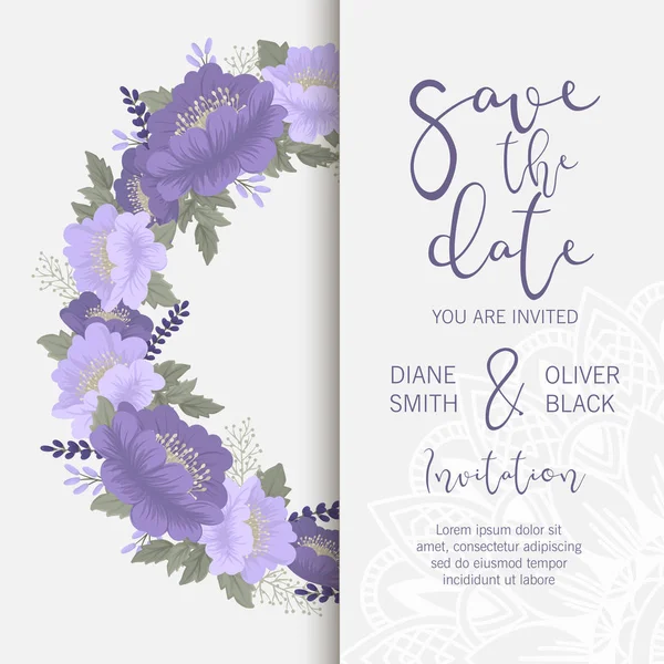 Цветочный шаблон свадьбы - фиолетовая цветочная открытка — стоковый вектор