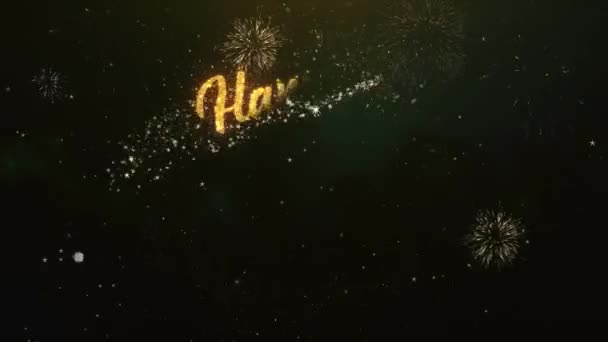 Feliz amizade Dia Saudação Texto feito de Sparklers Light Dark Night Sky com fogos de artifício coloridos — Vídeo de Stock