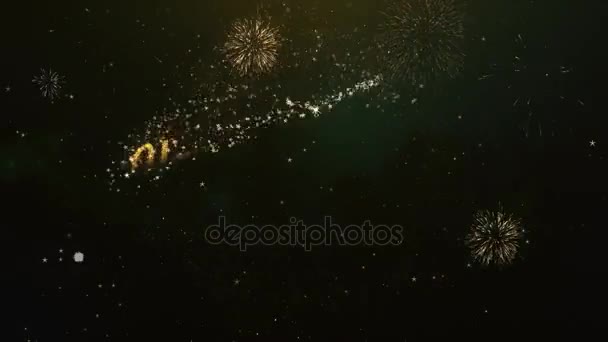 Feliz Ano Novo 2021 Texto de saudação feito de Sparklers Light Dark Night Sky com fogo de artifício colorido . — Vídeo de Stock