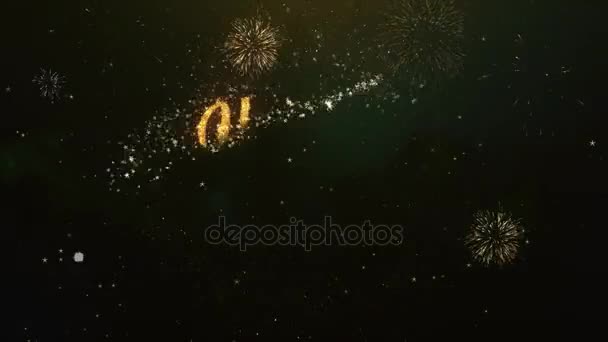 Feliz día de las mujeres saludo texto hecho de Sparklers luz cielo nocturno oscuro con fuegos artificiales de colores . — Vídeo de stock