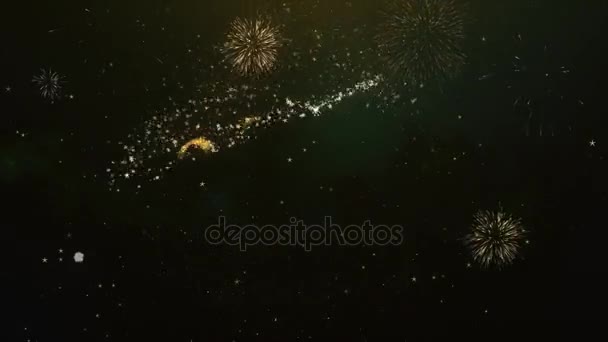 Hochzeitstag Grußtext aus Wunderkerzen hellen dunklen Nachthimmel mit buntem Feuerwerk — Stockvideo
