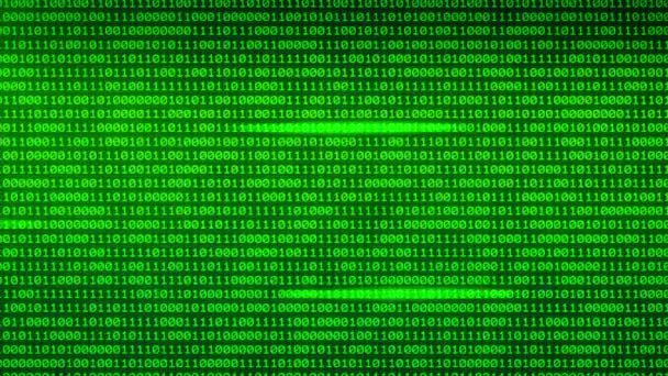 Зеленый двоичный код случайные числа, светящиеся на черном цифровом фоне — стоковое видео