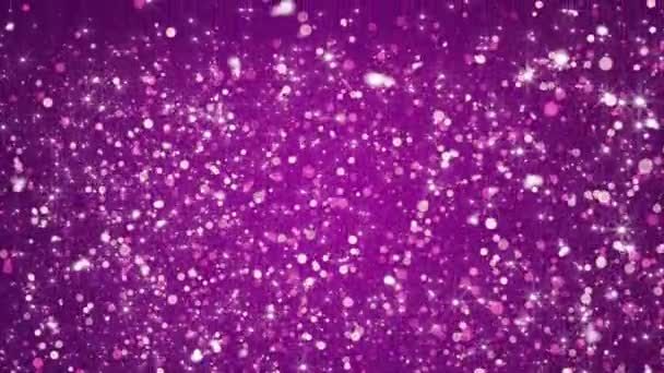 Белые сверкающие искры летающие светящиеся частицы движения графический фиолетовый фон — стоковое видео