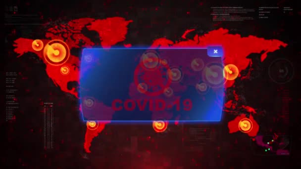 Coronavirus Covid 19 riasztás OB World Map járvány, friss hírek, figyelmeztető szöveg piros hurok háttér, — Stock videók