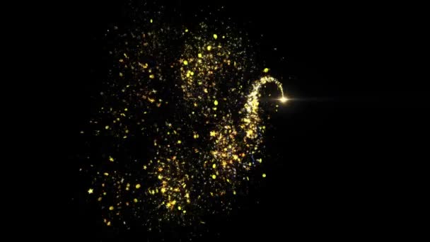 Golden glitter vlucht met Shining goud licht deeltjes spoor. — Stockvideo