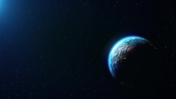 惑星ループアニメーションの夜と昼のライトで青い地球の空間のクローズアップビュー. — ストック動画