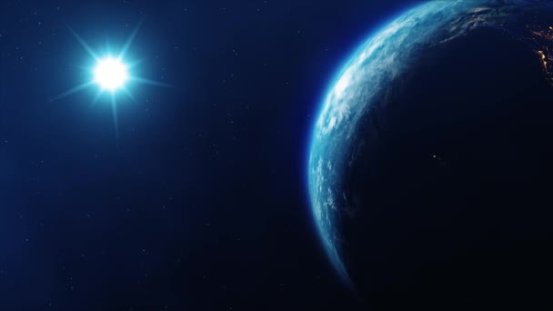 Närbild av Blue Earth utrymme på natten och dagen ljus på planeten Loop Animation. — Stockvideo