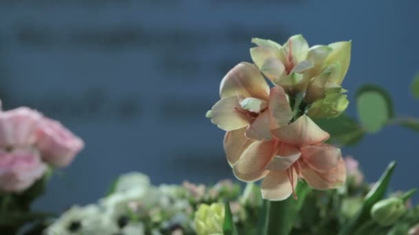 Cámara dispara flores de las rosas, ramo en movimiento. antecedentes — Vídeo de stock