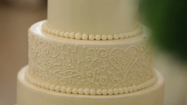 Big tiered wedding cake decorated wedding, selective focus — Stock Video