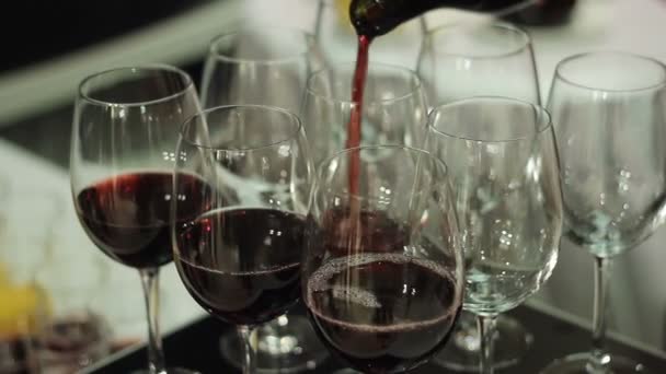 Bartenders hands pouring up glasses with red wine. — Stock Video