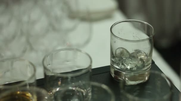Whisky auf der Party mit Eis ins Glas gießen — Stockvideo