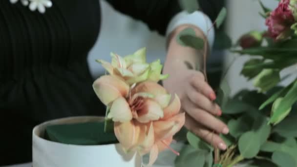 Florist hand göra buketter blommor i vit ruta — Stockvideo