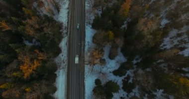 Otomobil orman günbatımı arasında olan yol üzerinde havadan görünümü