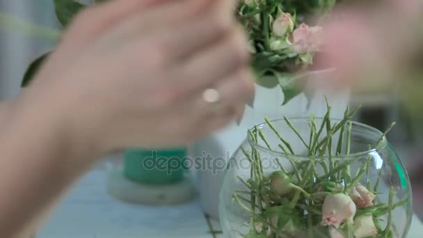 Blumenhändlerin fertigt Krone aus Rosen, Nahaufnahme — Stockvideo