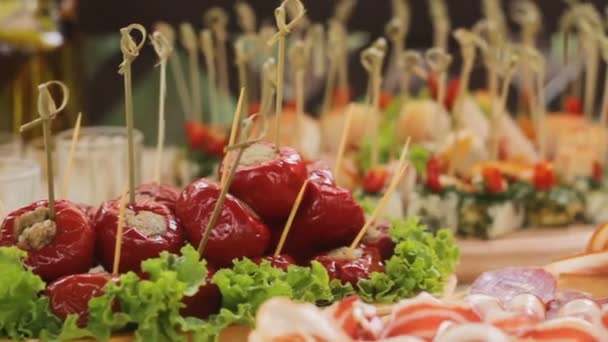 Смачні канапе і легкі закуски на Весільний бенкет — стокове відео