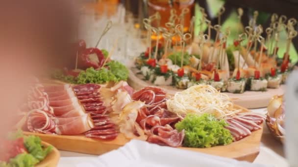 Разнообразные мясные деликатесы, ветчина, салями, бекон на подносе — стоковое видео