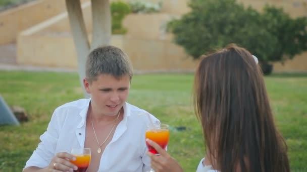 Sorrindo jovem casal feliz ter um piquenique cocktails — Vídeo de Stock