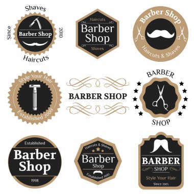 Vintage kuaför dükkanı rozetleri tipografi ve tasarım e kümesi