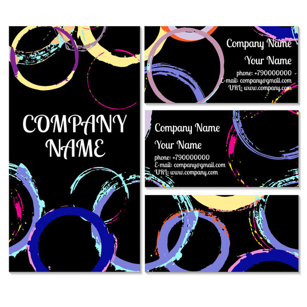 Set of  black business card with hand drawn grunge abstract back