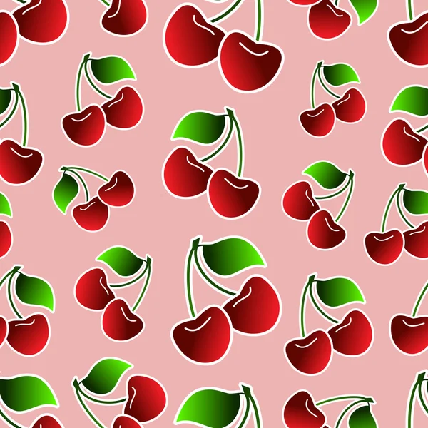Cerezas rojas con hojas verdes y trazo blanco sobre fondo rosa — Vector de stock
