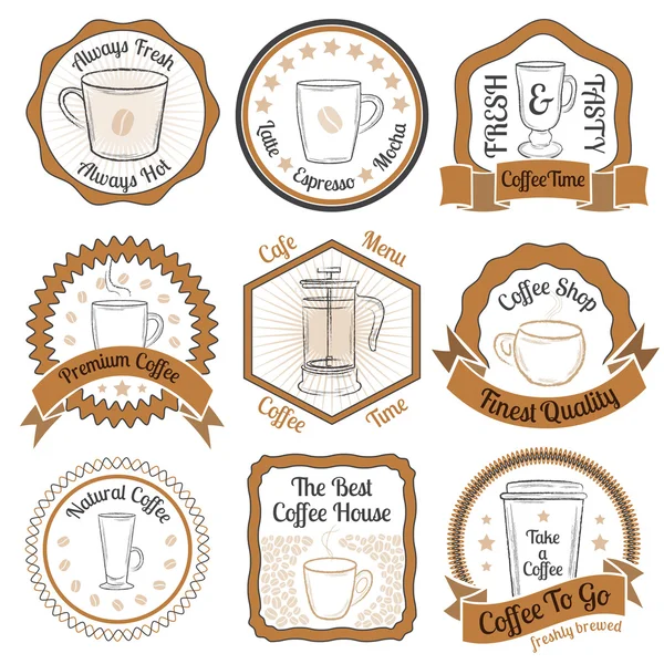 Set de insignias de café beige con tazas sobre fondo blanco — Vector de stock
