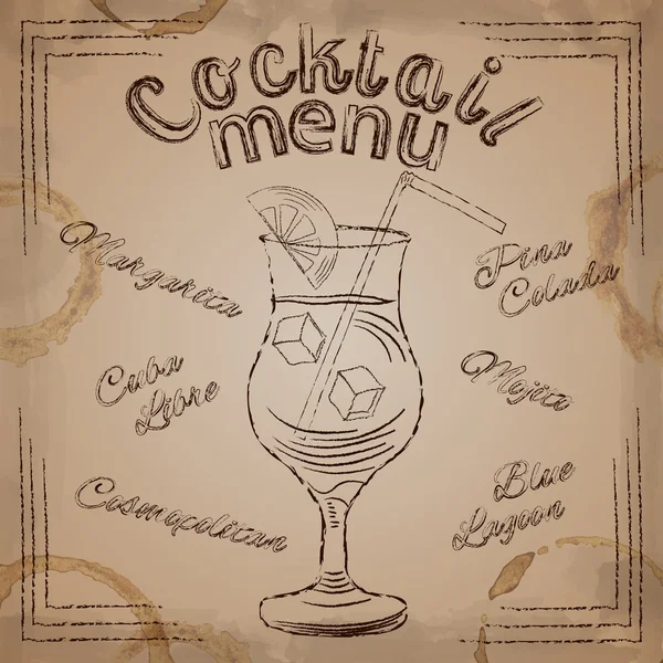 Bruna bokstäver Cocktail meny med glas ritning på beige vin — Stock vektor