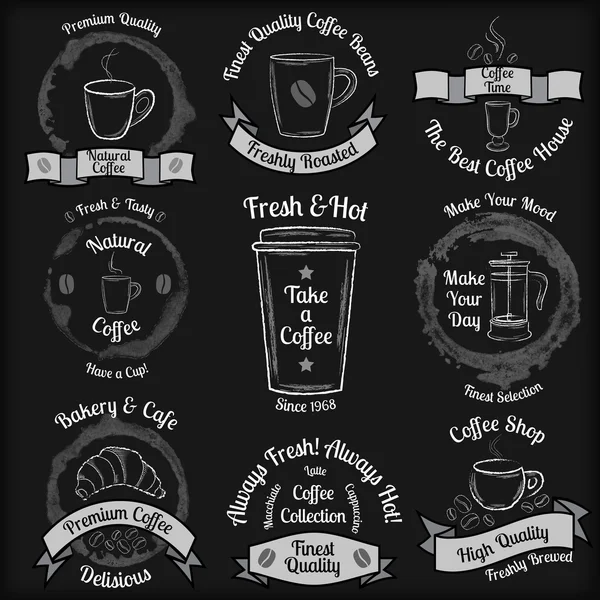 Set of vintage coffee badges on black chalkboard background — Stock Vector