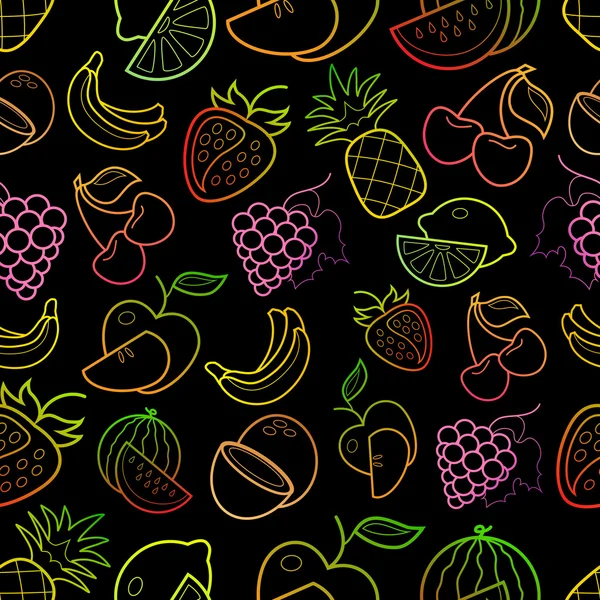 Línea de neón arte colorido fruta iconos patrón sobre fondo negro — Vector de stock