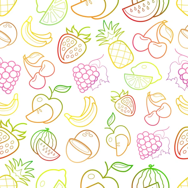 Línea de neón arte colorido fruta iconos patrón sobre fondo blanco — Vector de stock