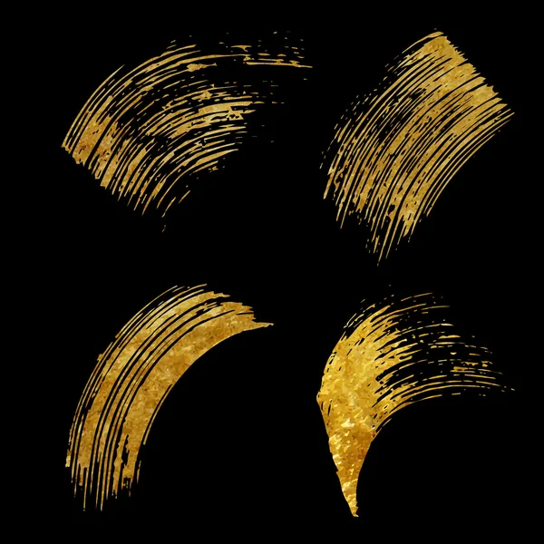 Conjunto de pincelada de ouro sobre fundo preto. Abstrato desenhado à mão — Vetor de Stock