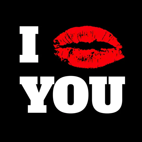 I LOVE YOU text with red lips print  on black backgroun — Stock Vector