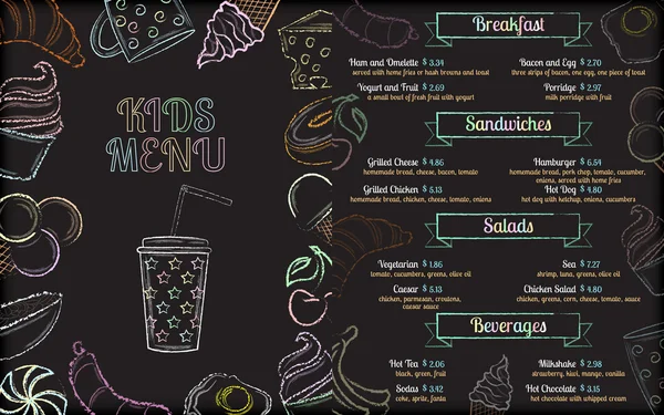 Templat menu kafe anak-anak dengan gambar tangan berwarna-warni. - Stok Vektor