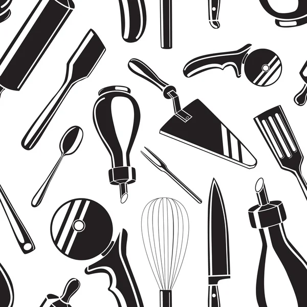 Fondo de patrón sin costuras con herramientas de cocina dibujadas a mano negras — Vector de stock