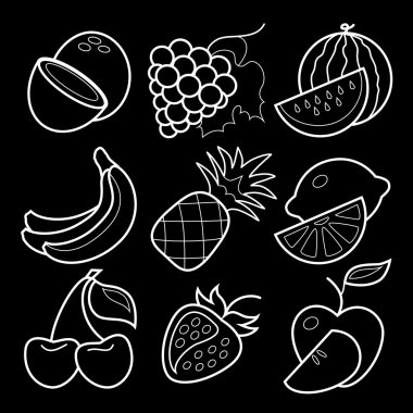 Siyah arka plan üzerine Hat sanatı meyve Icons set