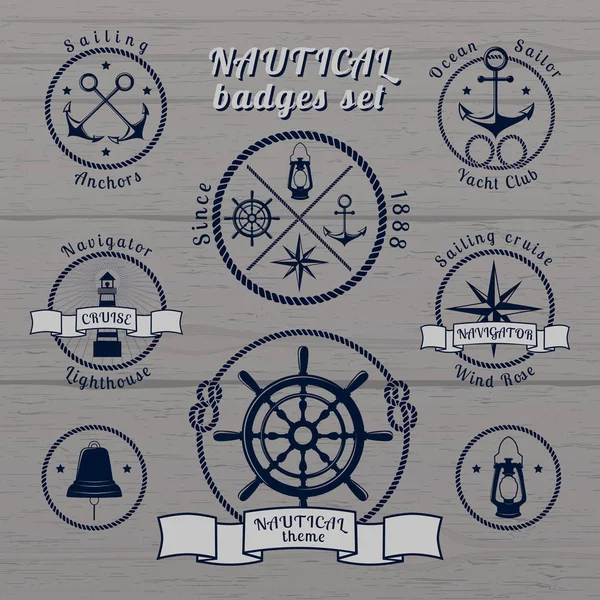 Nautical vintage badges set on grey wooden background — Stock Vector