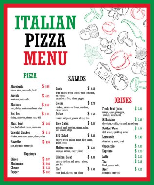 Malzemeler İtalyan pizza menü başlığını el ile çizilmiş