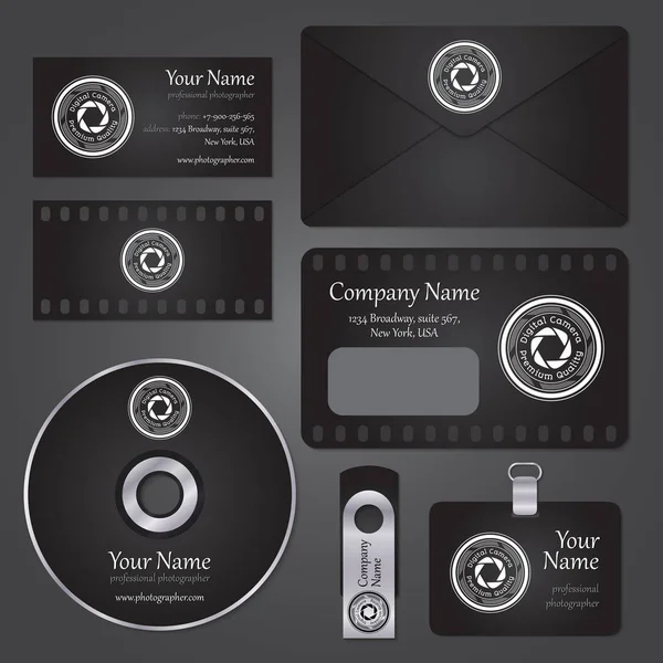 Negro foto estudio identidad plantilla gesign con emblema blanco en — Vector de stock