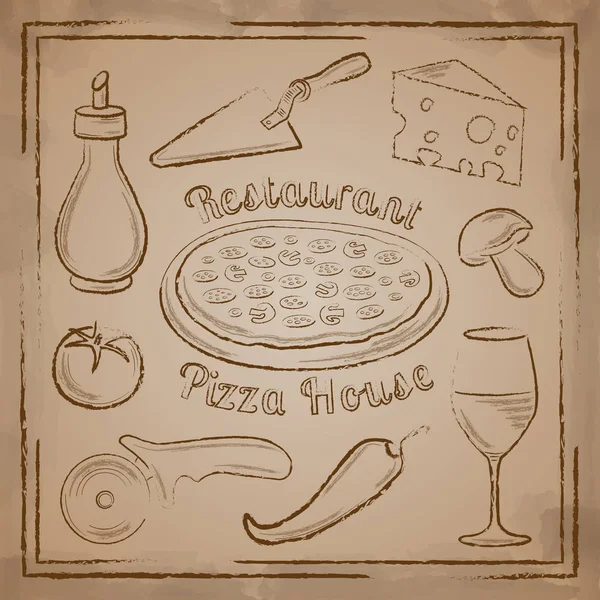 Pizza und Werkzeuge auf beigem Hintergrund — Stockvektor
