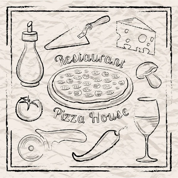 Pizza e ferramentas sobre fundo de papel —  Vetores de Stock